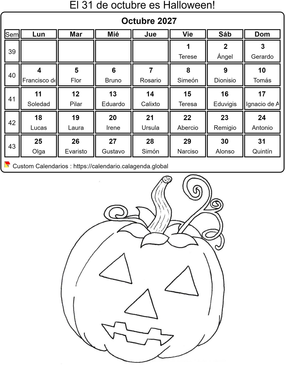 Calendario para colorear octubre 2027