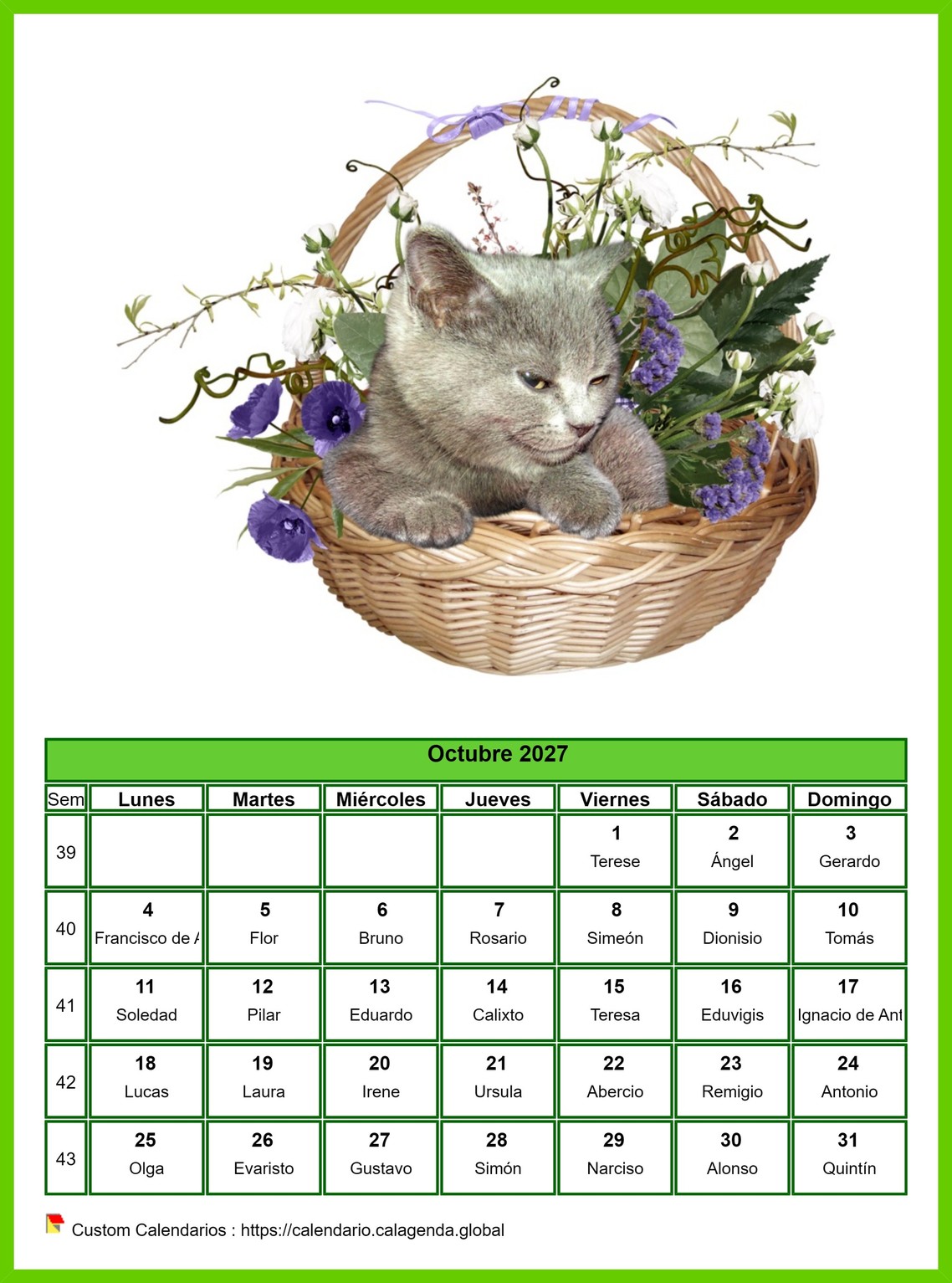 Calendario octubre 2027 gatos