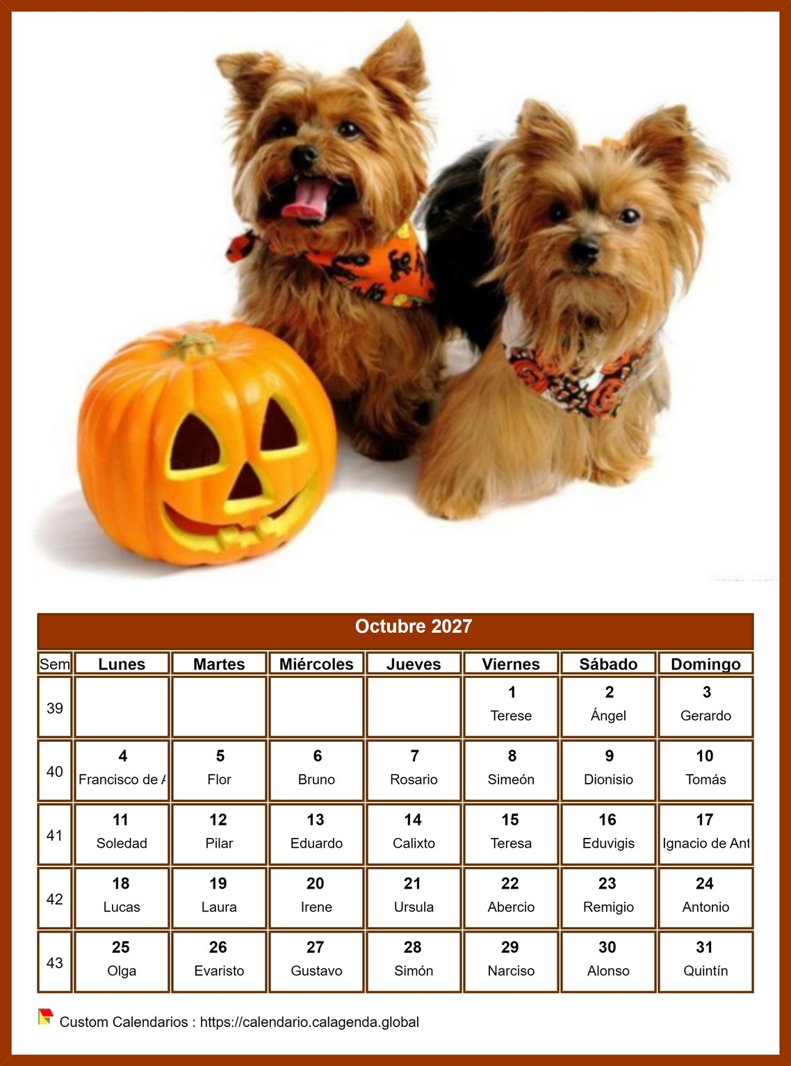 Calendario octubre 2027 perros