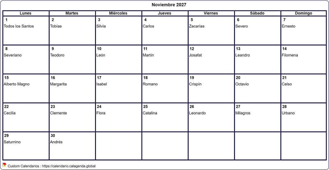 Calendario noviembre 2027 para imprimir en blanco