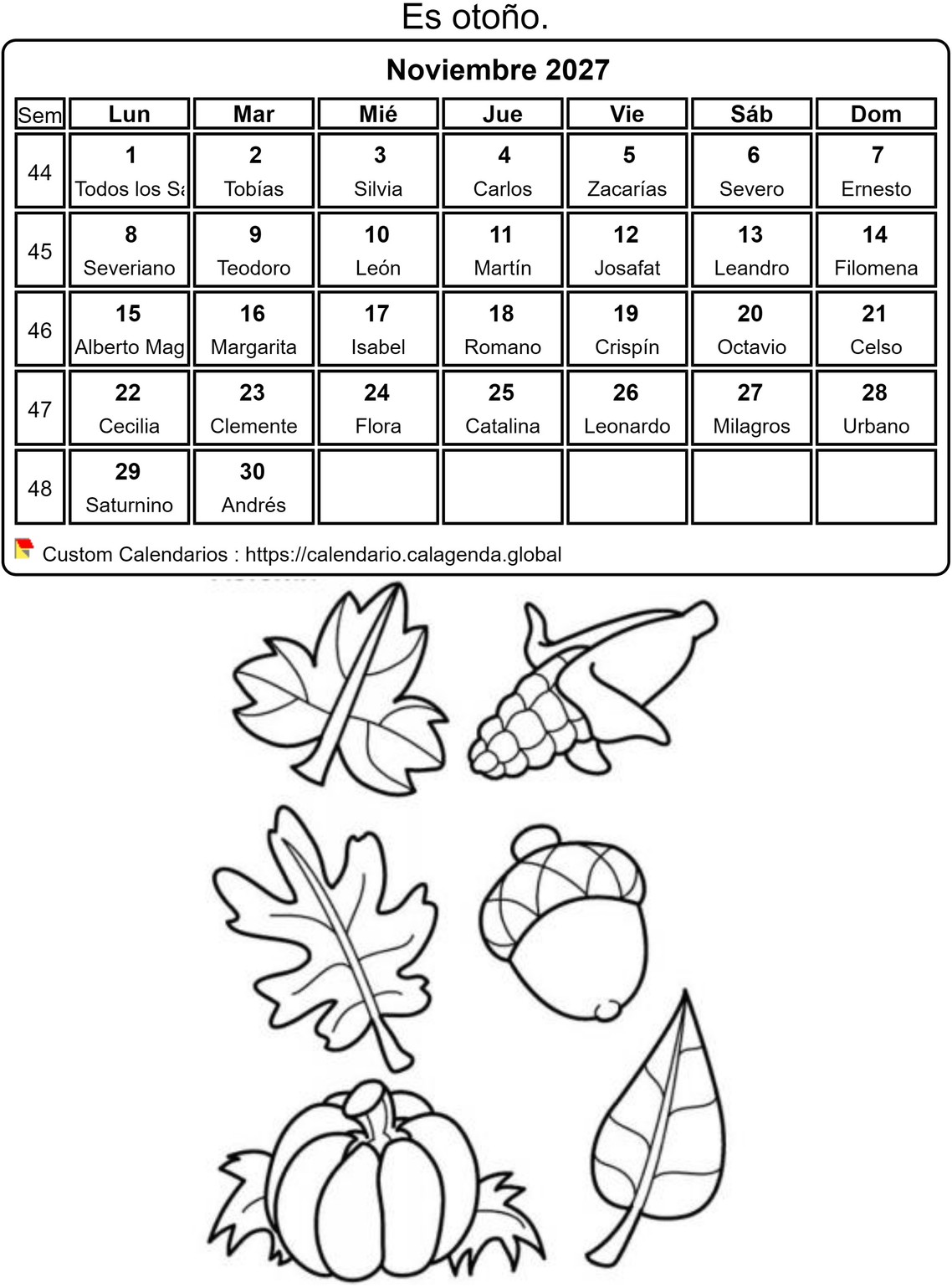 Calendario para colorear noviembre 2027