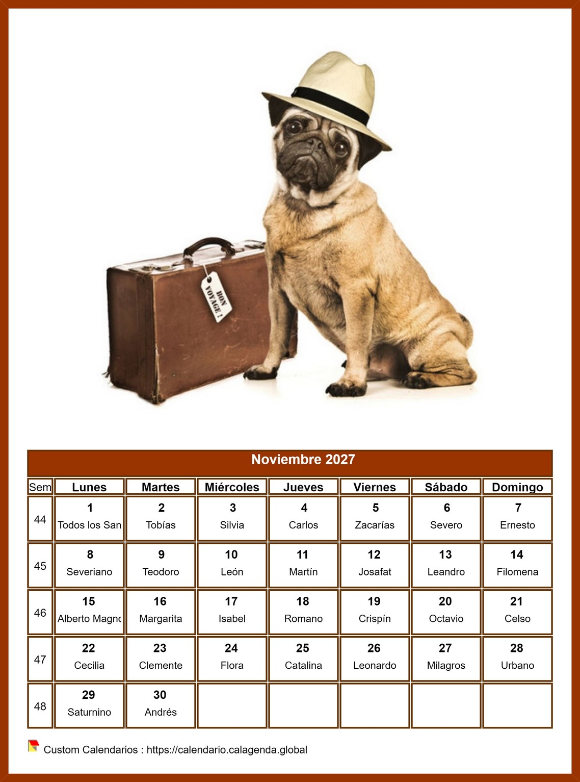 Calendario noviembre 2027 perros