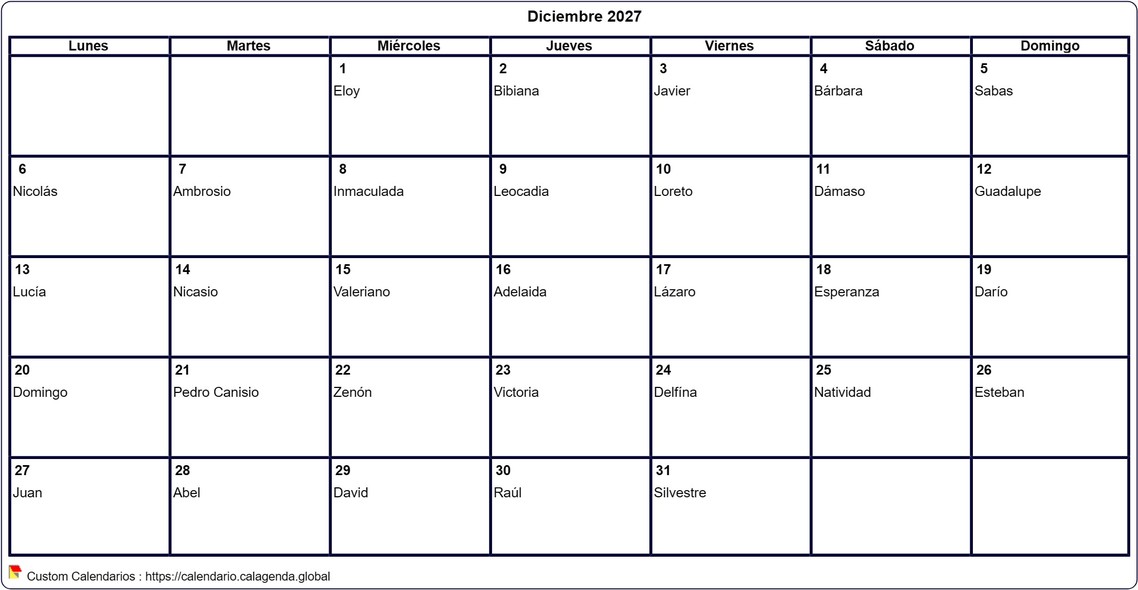 Calendario diciembre 2027 para imprimir en blanco
