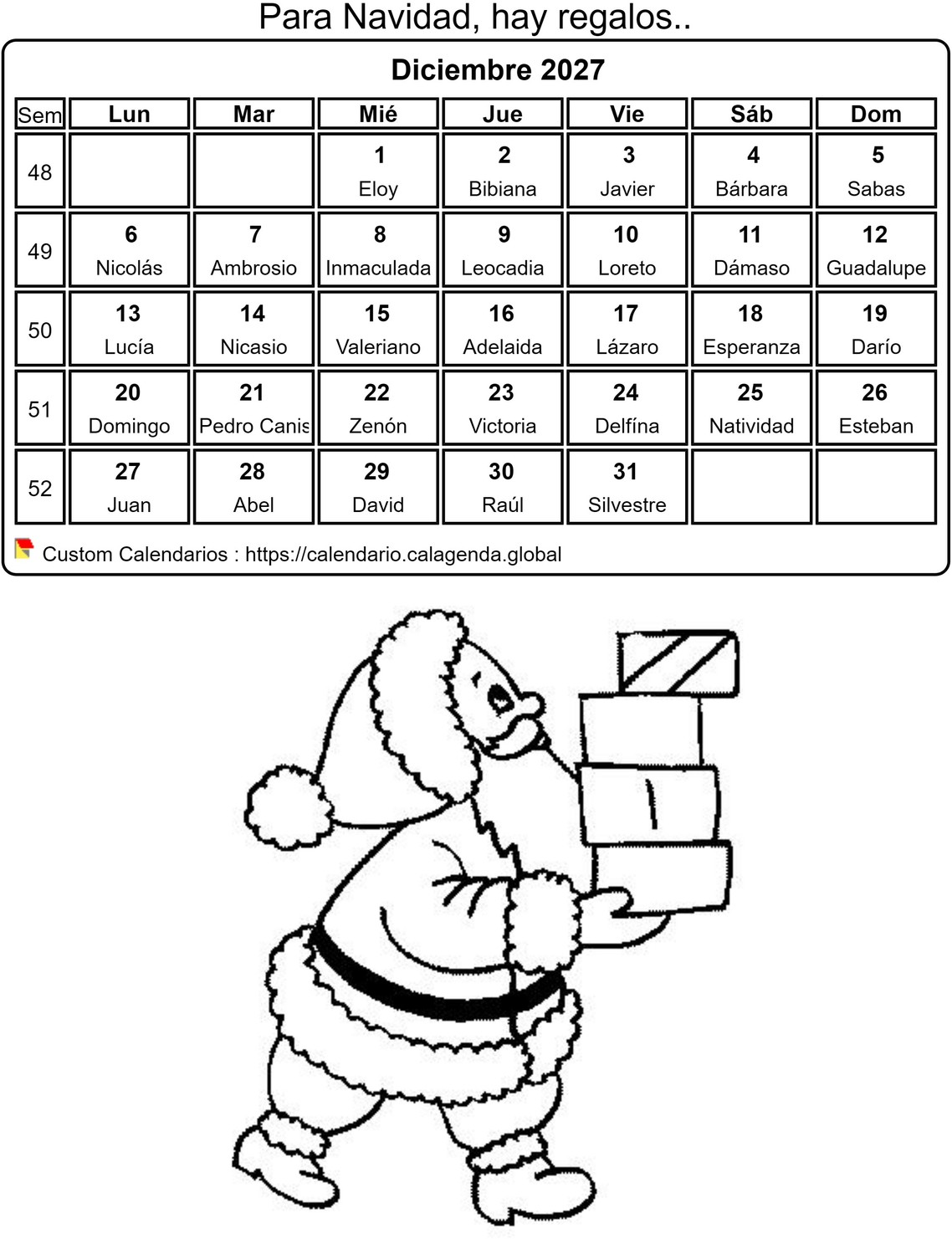 Calendario para colorear diciembre 2027