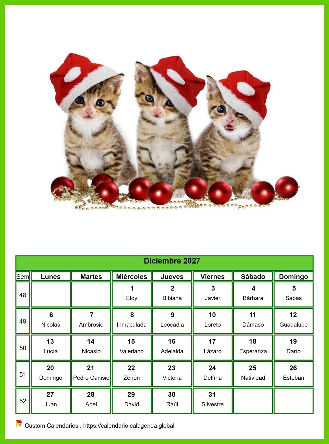 Calendario diciembre 2027 gatos