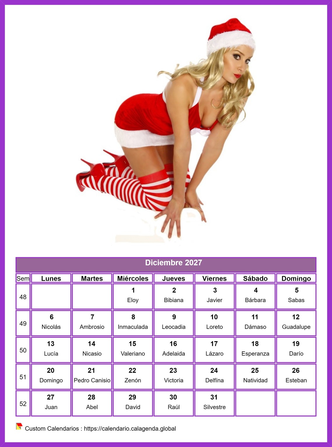 Calendario diciembre 2027 mujeres