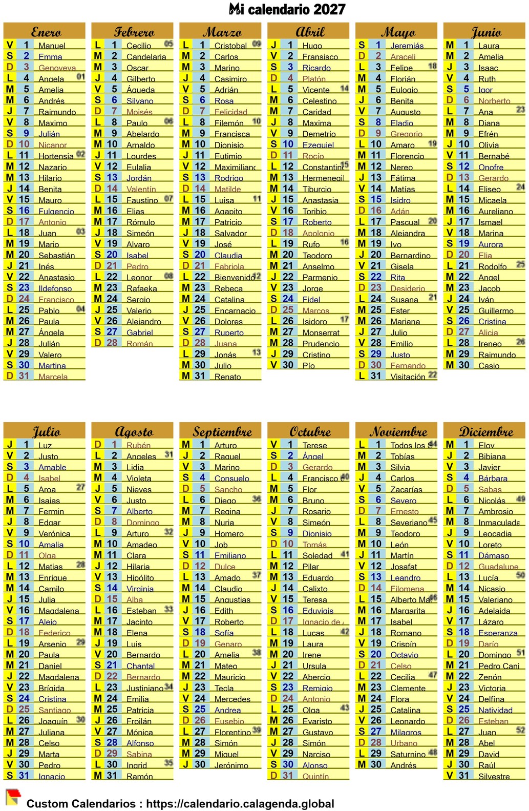 Calendario anual de bolsillo en formato 10X15