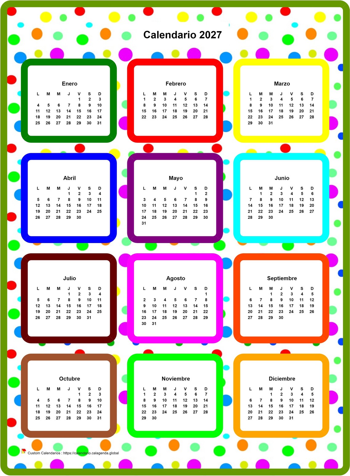 Calendario 2027 anual coloreado