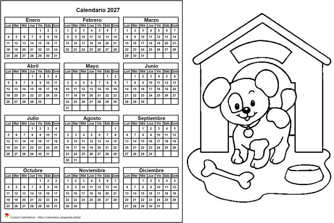 Calendario 2027 para colorear anual, formato apaisado, para niños