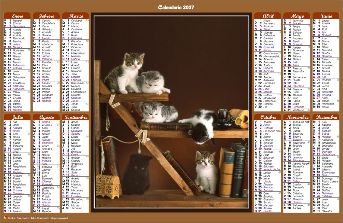 Calendario 2027 anual santoral de estilo calendario de posts con gatos