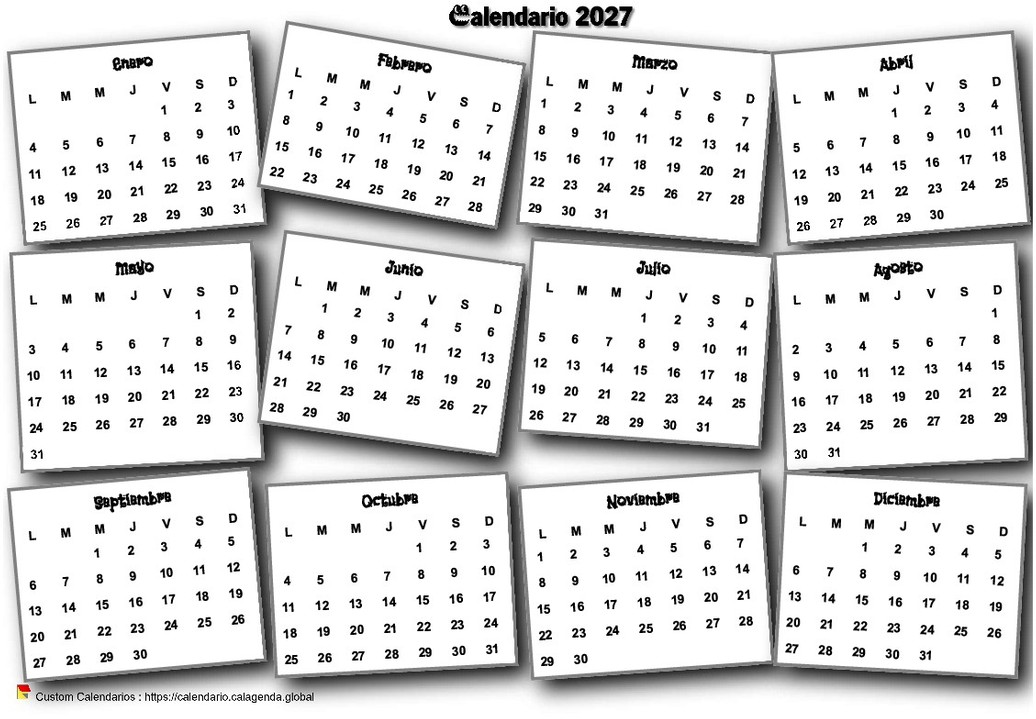 Calendario anual 2027 en 3D