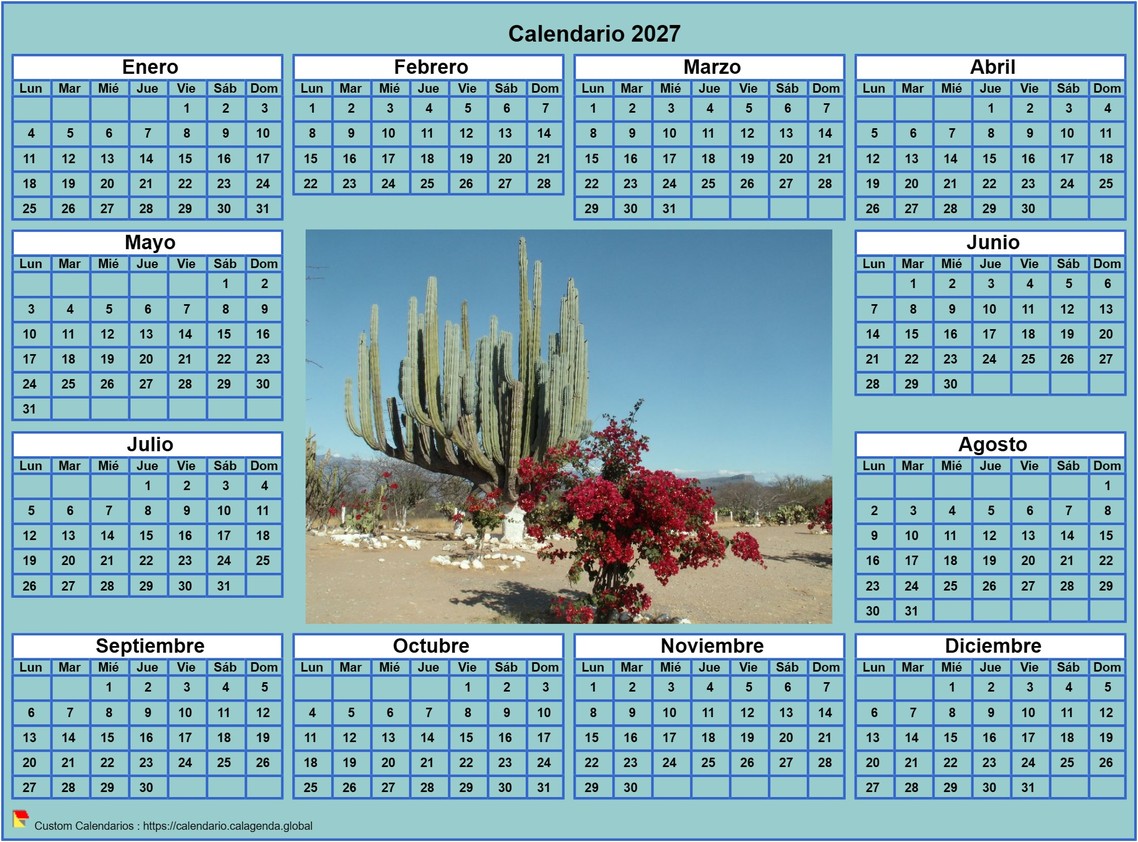Calendario 2027 foto anual para imprimir, fondo cian, formato apaisado, escritorio o pared