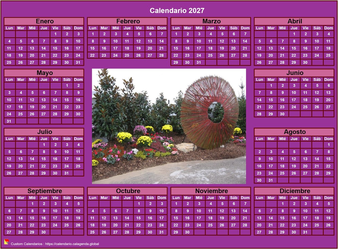 Calendario 2027 foto anual para imprimir, fondo rosa, formato apaisado, escritorio o pared