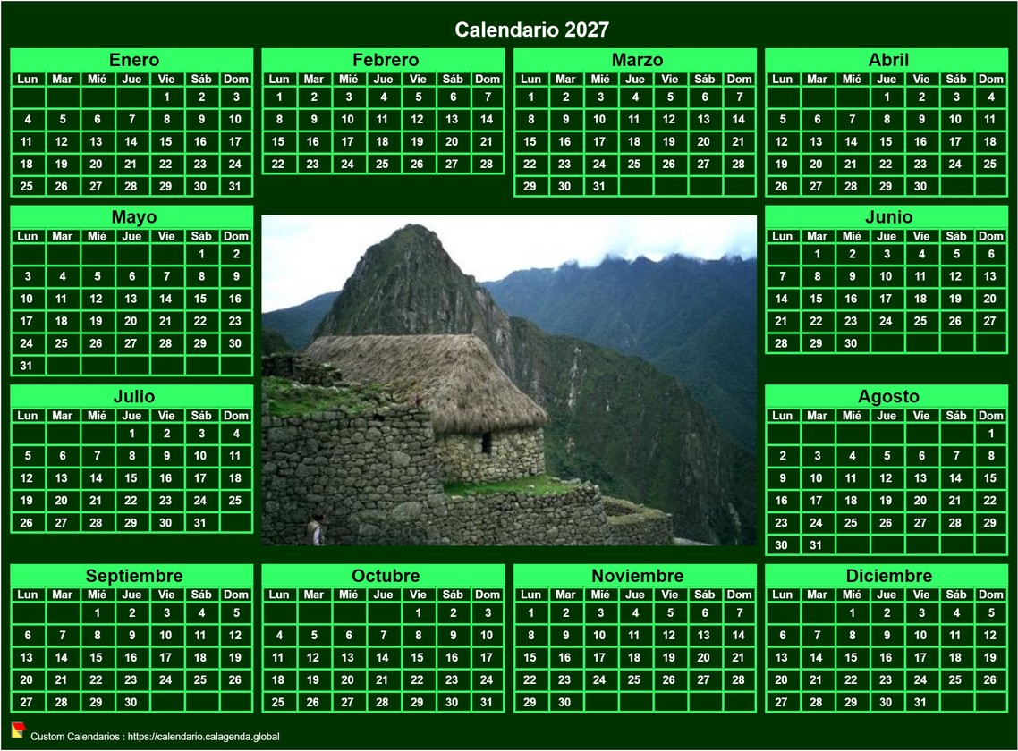 Calendario 2027 foto anual para imprimir apaisada, fondo verde