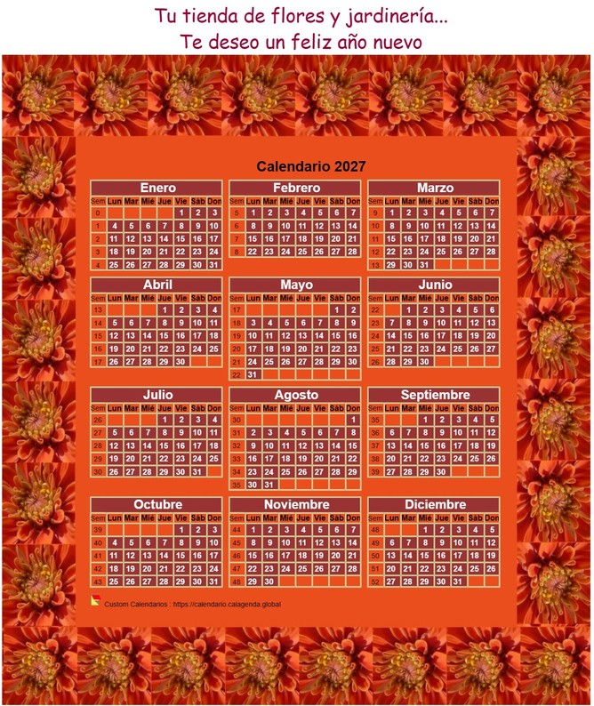 Calendario anual 2027 para imprimir, 3 columnas, 4 líneas