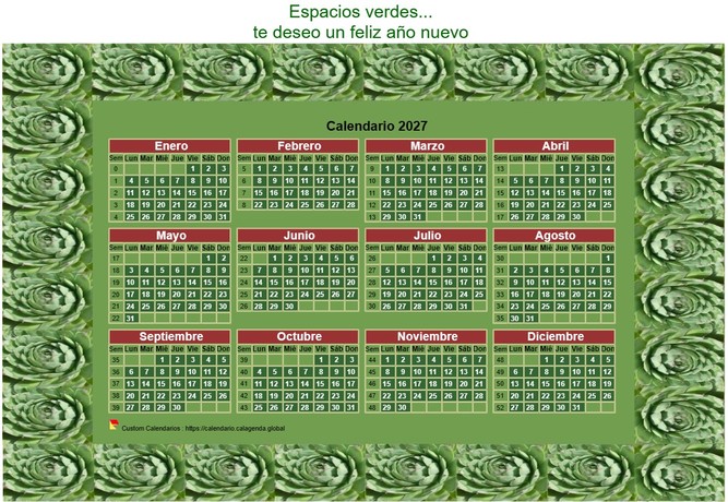 Calendario 2027 anual decorativo para imprimir, con marco de foto verde