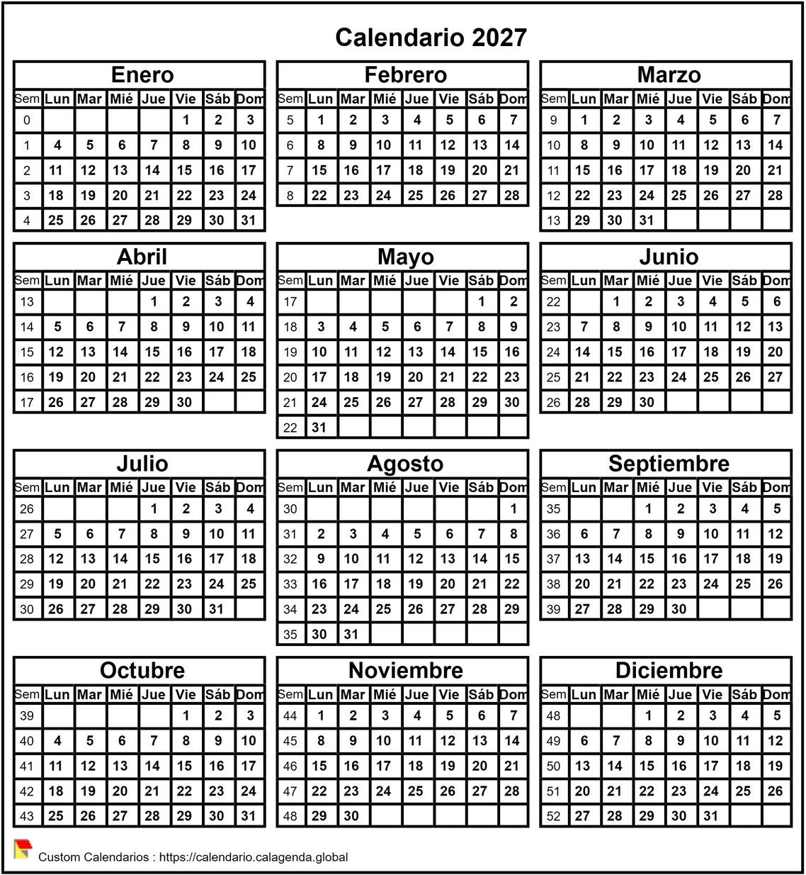 Calendario 2027 formato vertical