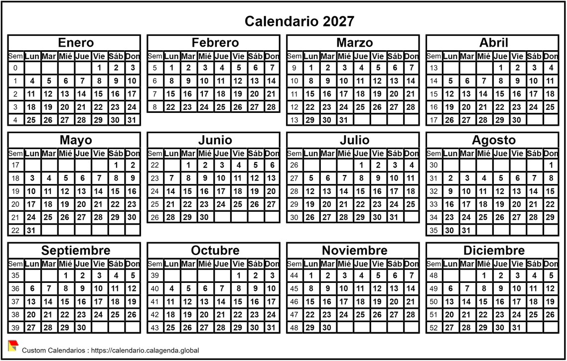Calendario 2027 formato horizontal