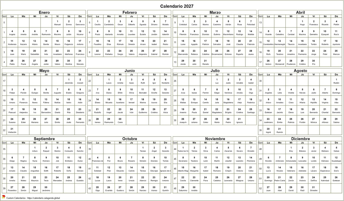 Calendario anual 2027 para imprimir, formato apaisado, de escritorio o pared