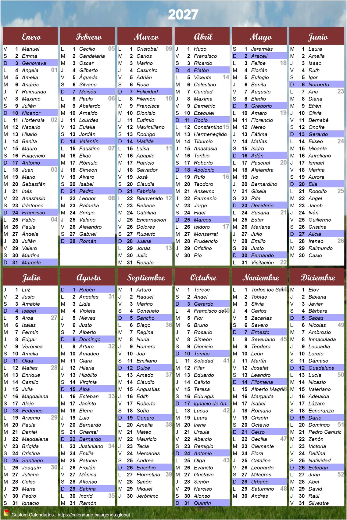 Calendario anual santoral 2027 para imprimir retrato