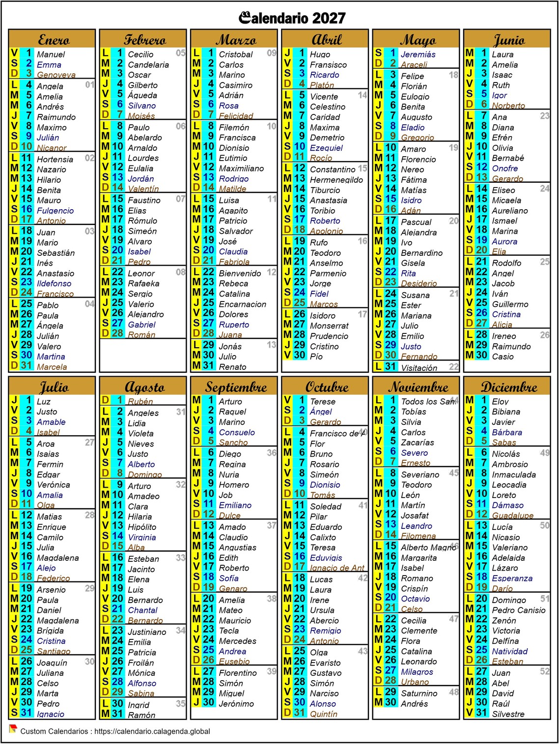 Calendario 2027 anual santoral de seis columnas en formato vertical