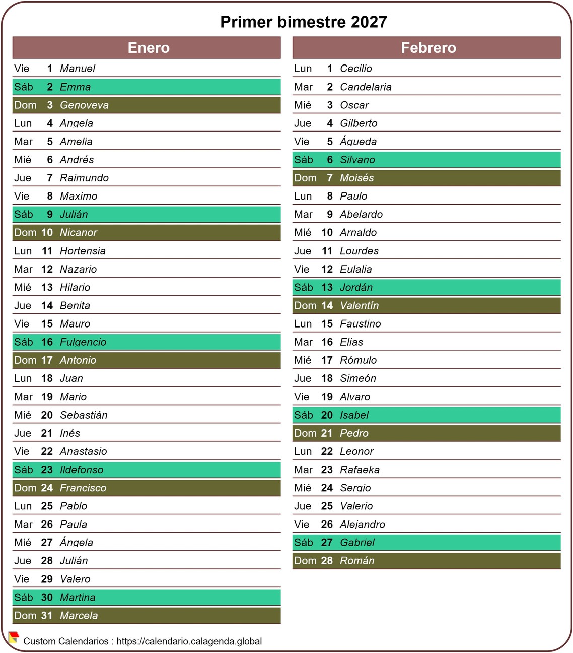 Calendario 2027 bimestral con agenda detallada, formato vertical, una columna al mes