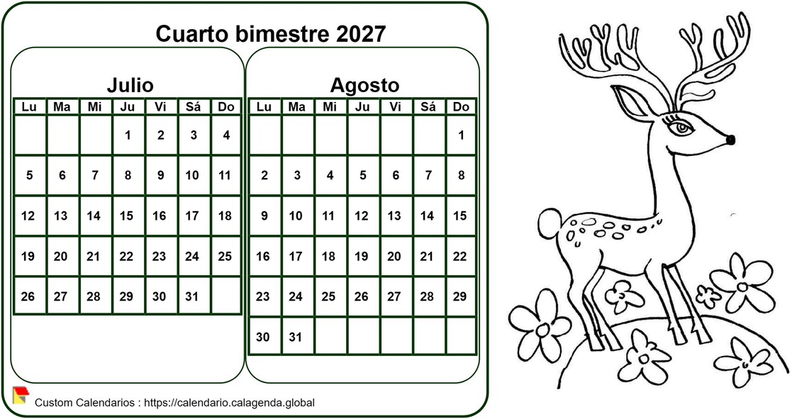 Calendario 2027 para colorear bimestral, formato apaisado, para niños