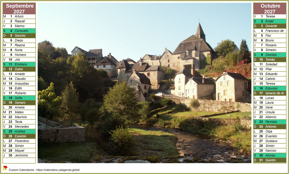 Calendario 2027 de dos meses en columnas con foto en el interior.