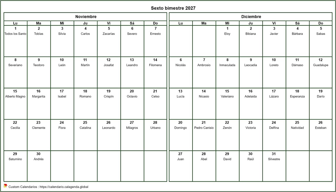 Calendario 2027 bimestral, formato apaisado, con nombres