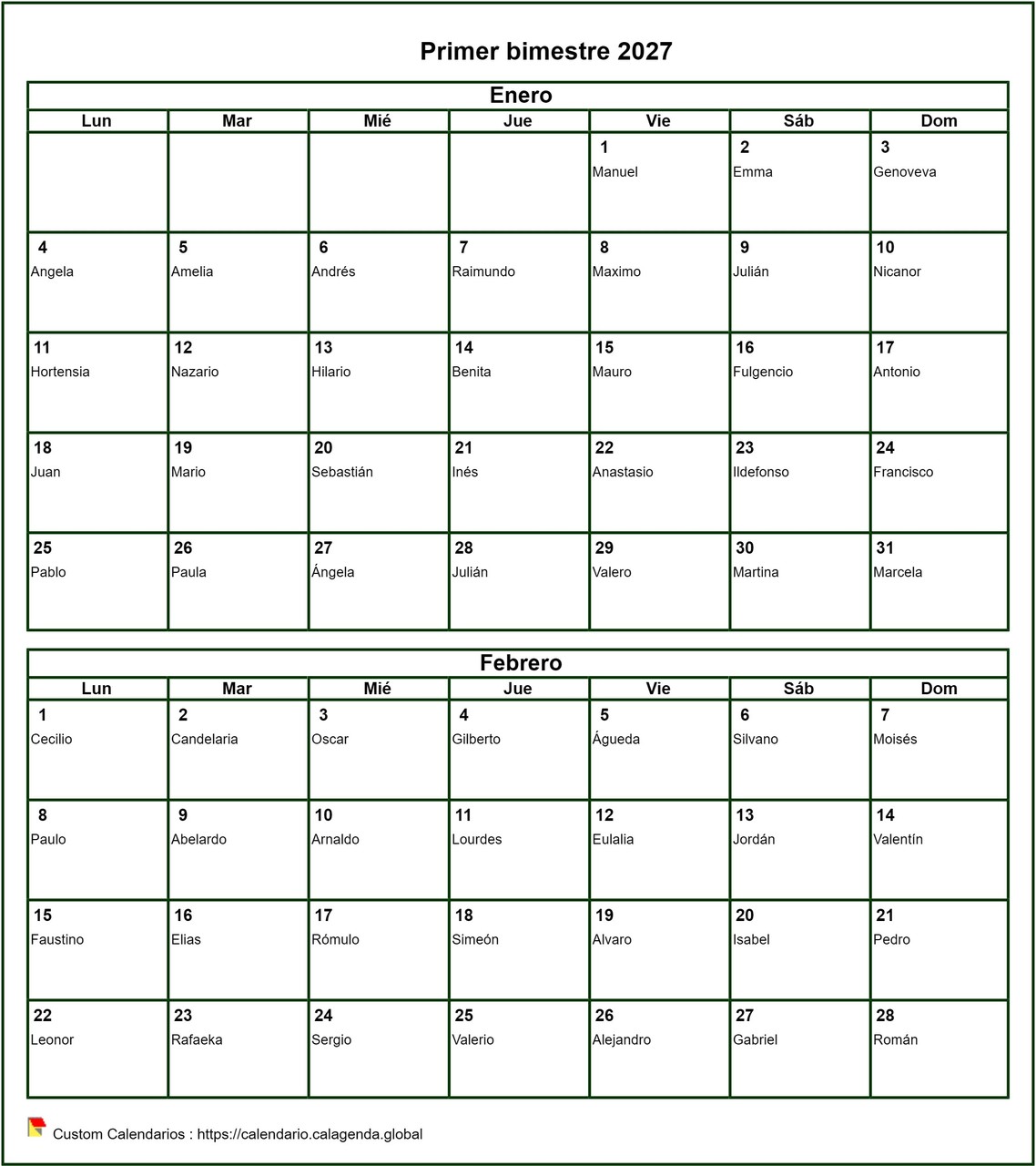 Calendario 2027 bimestral, formato retrato, con nombres