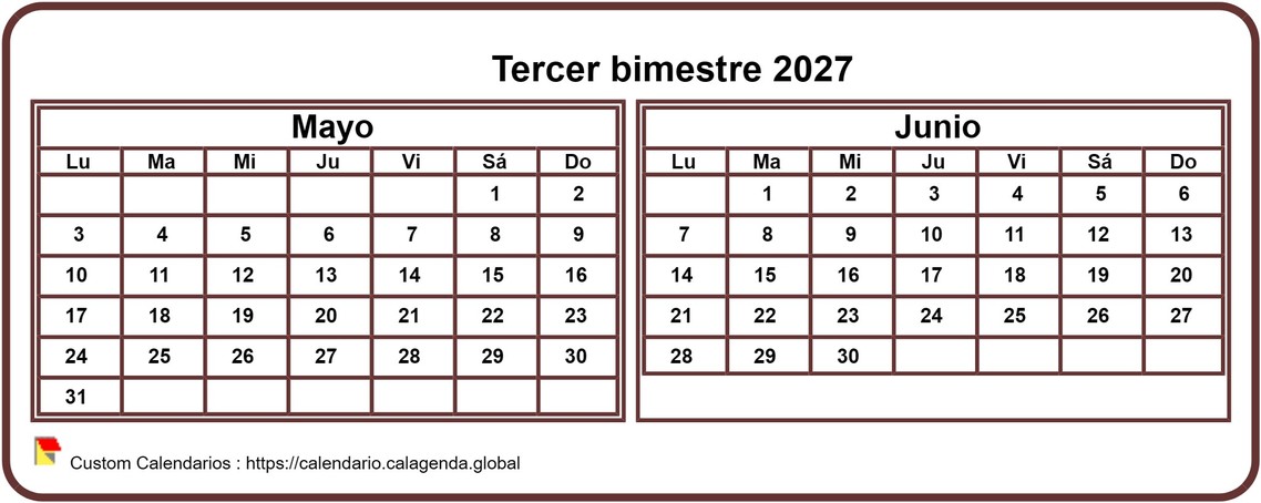 Calendario 2027 de dos meses, formato pequeño, horizontal, de bolsillo, fondo blanco
