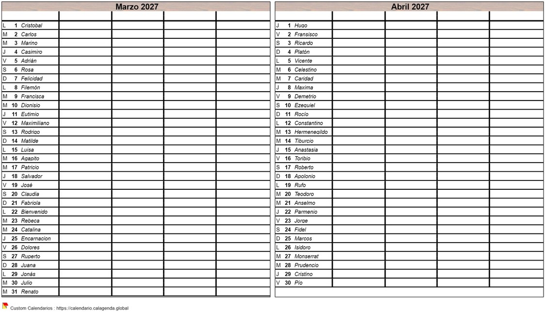 Calendario 2027 virgen planificación bimestral, formato retrato, 4 columnas