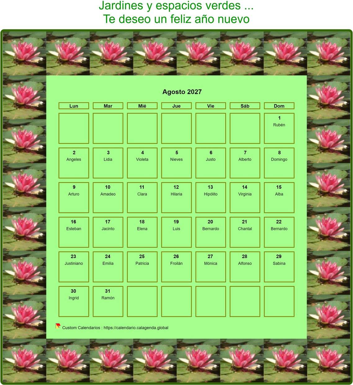 Calendario 2027 agenda decorativa mensual, marco con motivos nenúfares