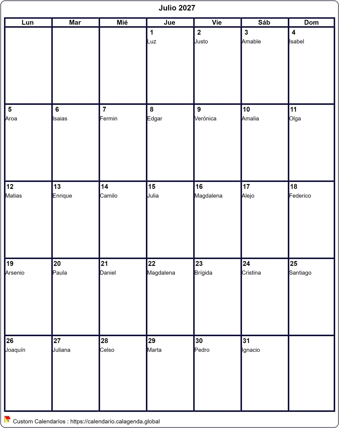 Calendario mensual 2027 para imprimir virgen, formato retrato
