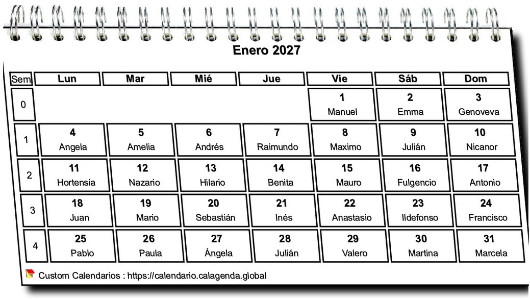 Calendario mensual 2027 en espirales