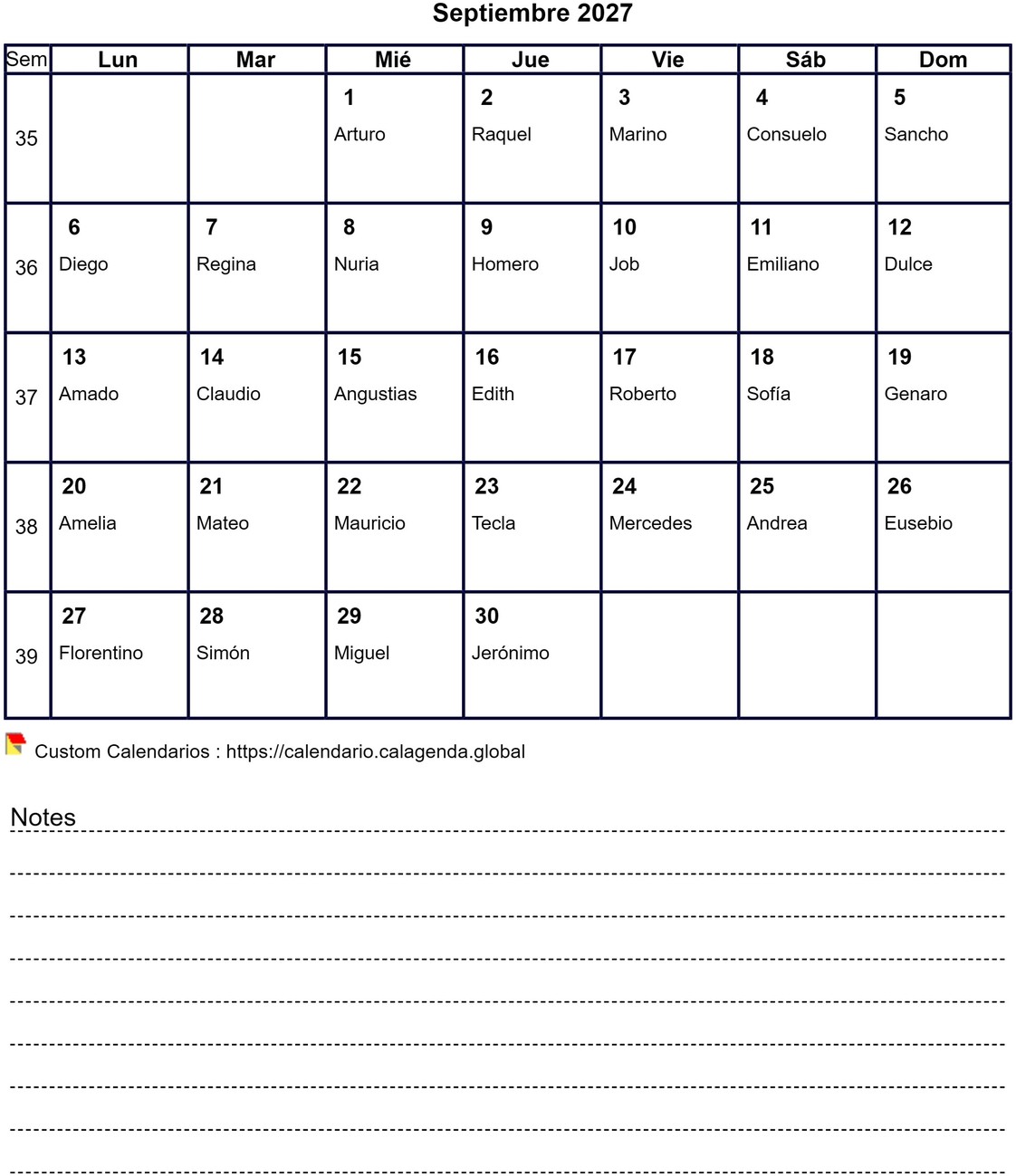 Calendario mensual 2027 con notas y números de semana