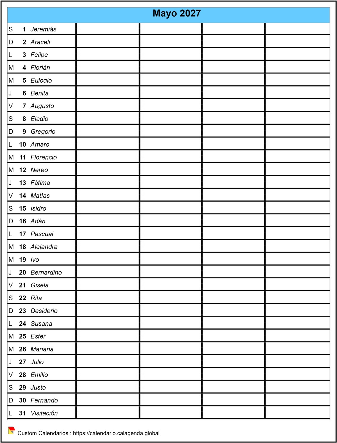 Planificación del calendario mensual 2027 virgen, formato retrato