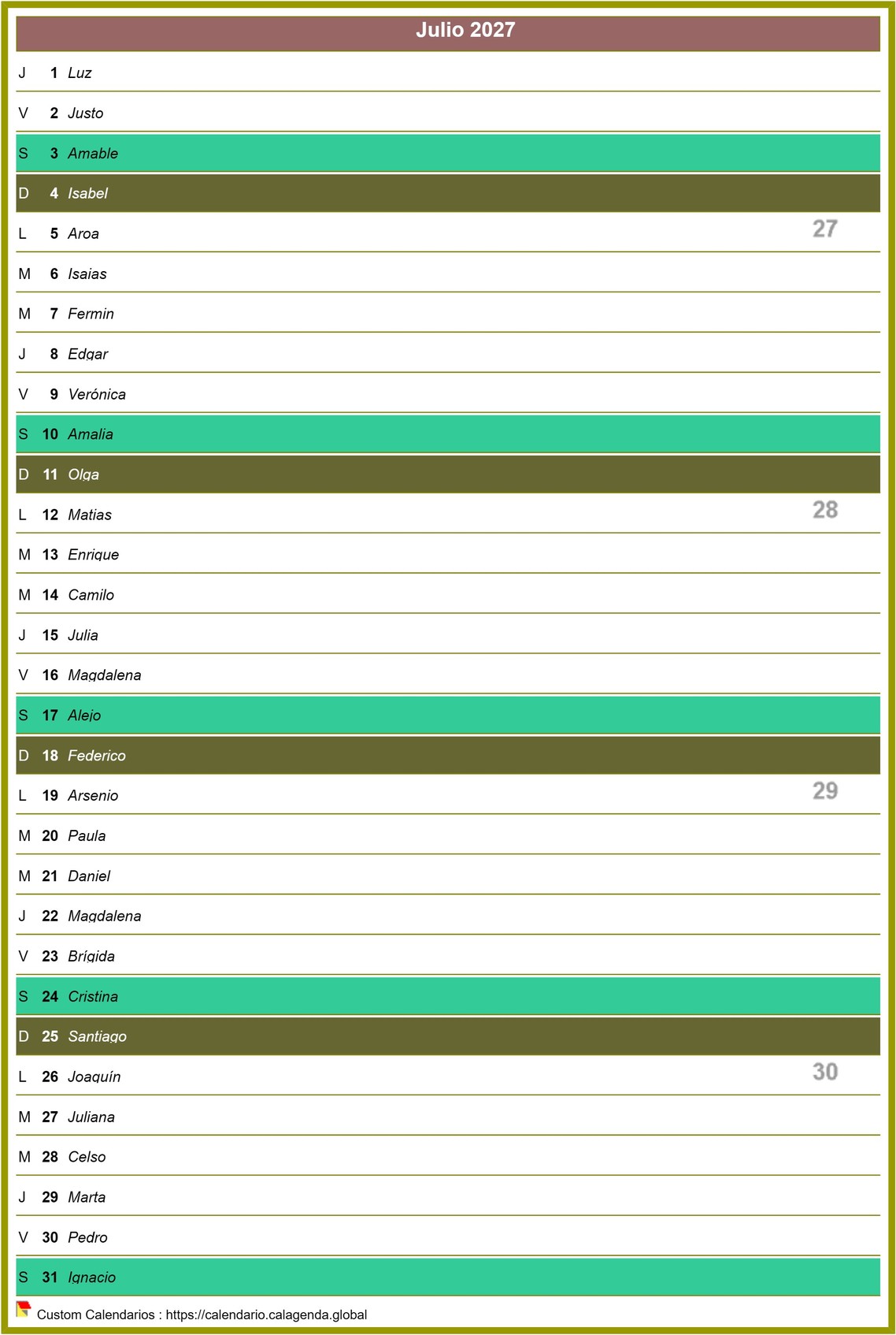 Calendario mensual 2027 en la columna