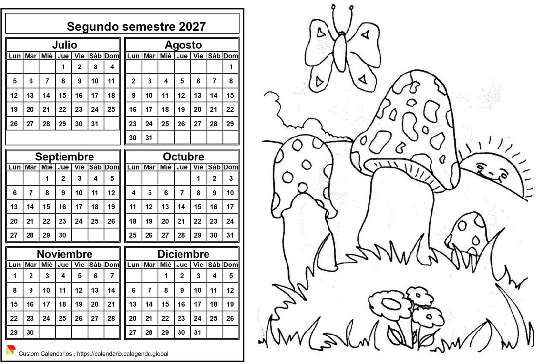 Calendario 2027 para colorear semestral, formato apaisado, para niños