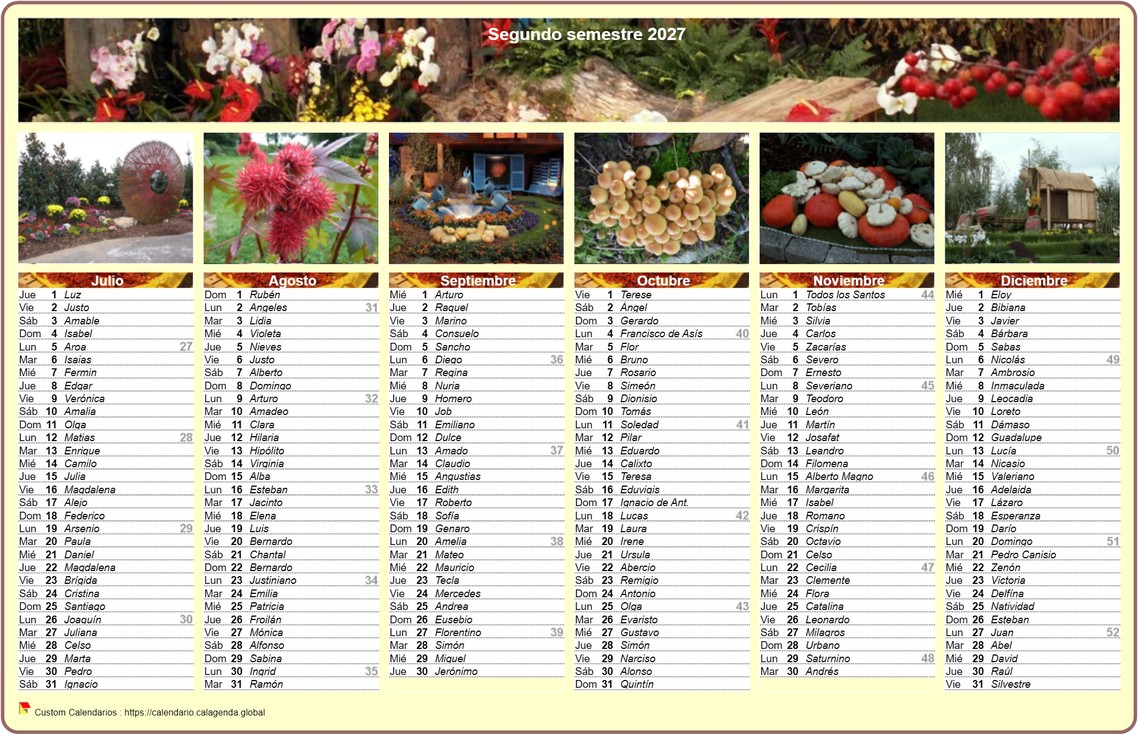 Calendario 2027 semestral en columnas con una foto diferente cada mes