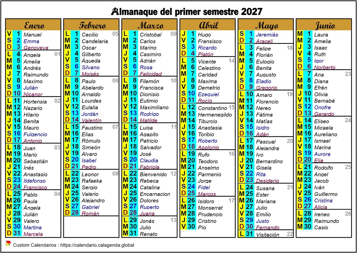 Calendario 2027 santoral semestre seis columnas formato apaisado