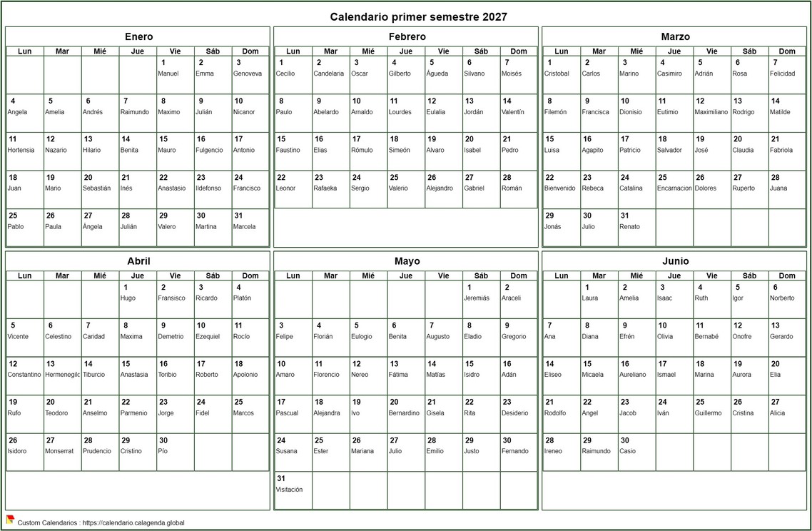 Calendario 2027 para imprimir semestral, formato apaisado