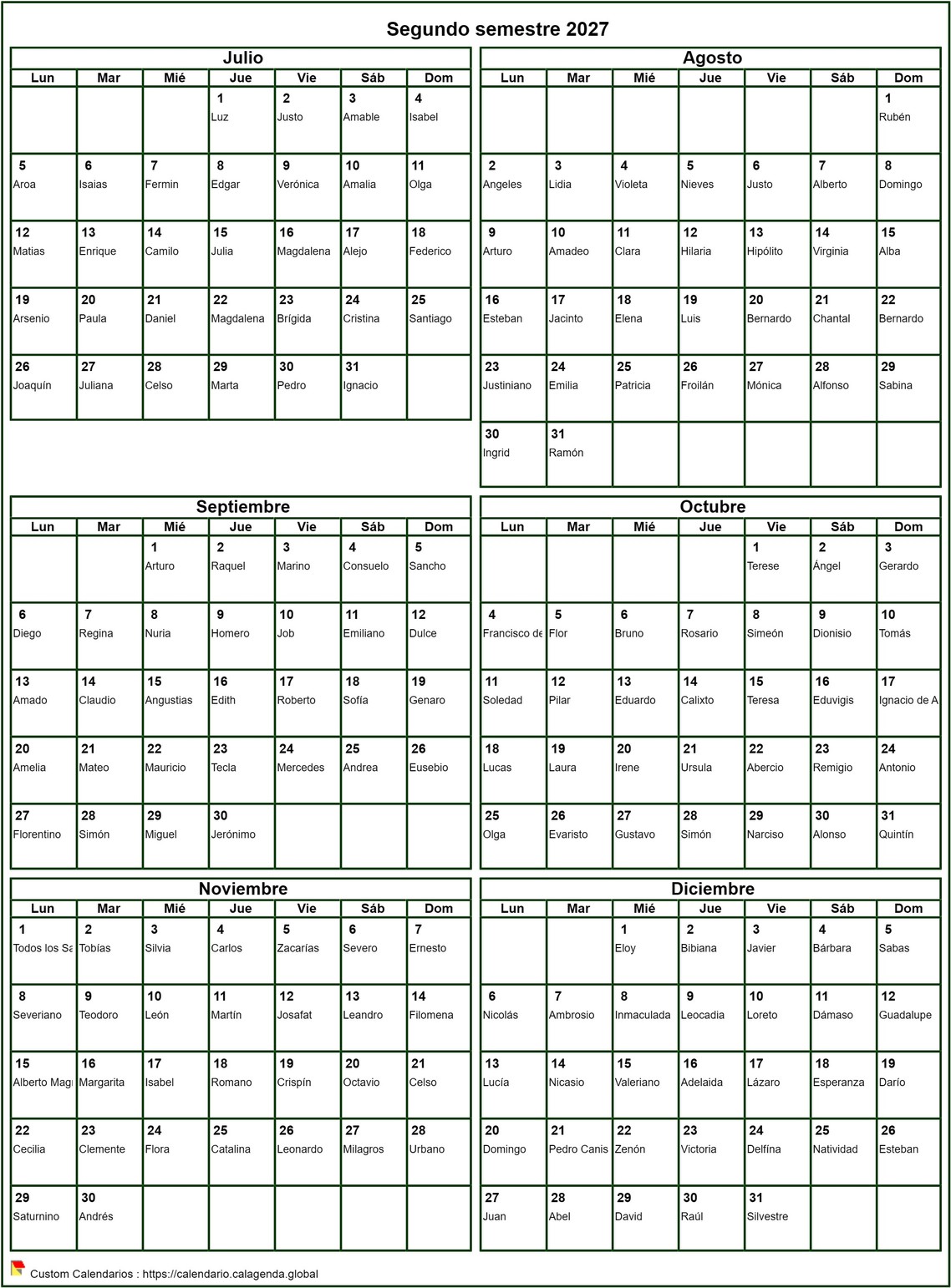 Calendario 2027 para imprimir semestral, formato vertical