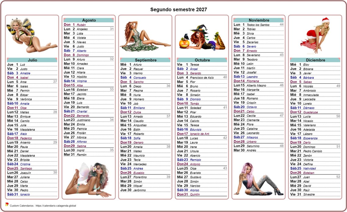 Calendario 2027 medio año tubos mujeres