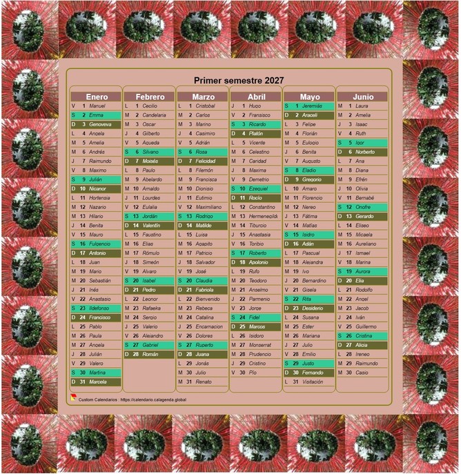 Calendario 2027 semestral decorativo en columna, con marco de fotos, formato retrato