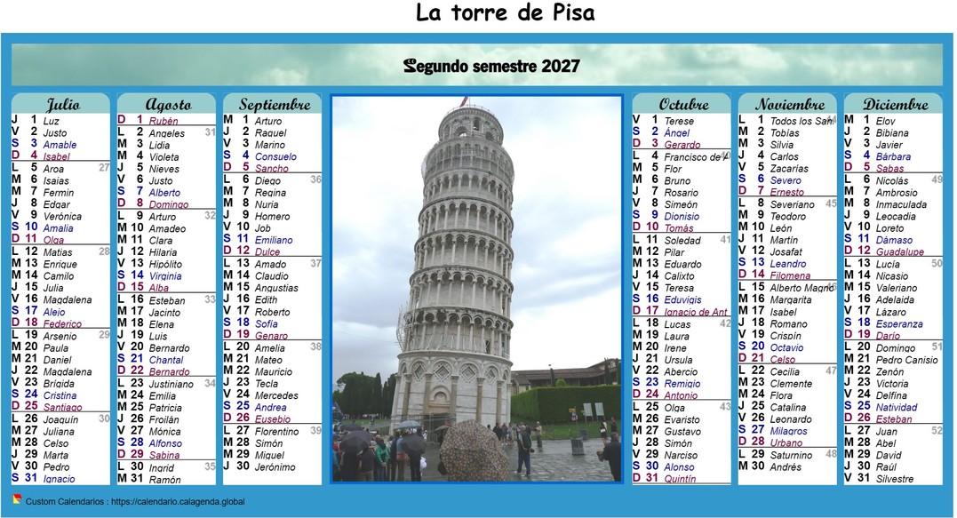 Calendario 2027 semestral en columnas con foto en el medio
