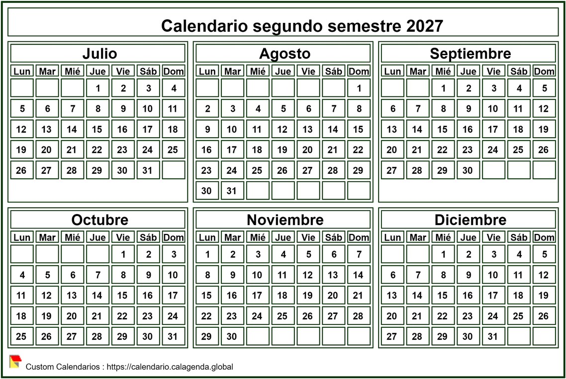 Calendario 2027 para imprimir, semestral, formato de bolsillo pequeño, fondo blanco