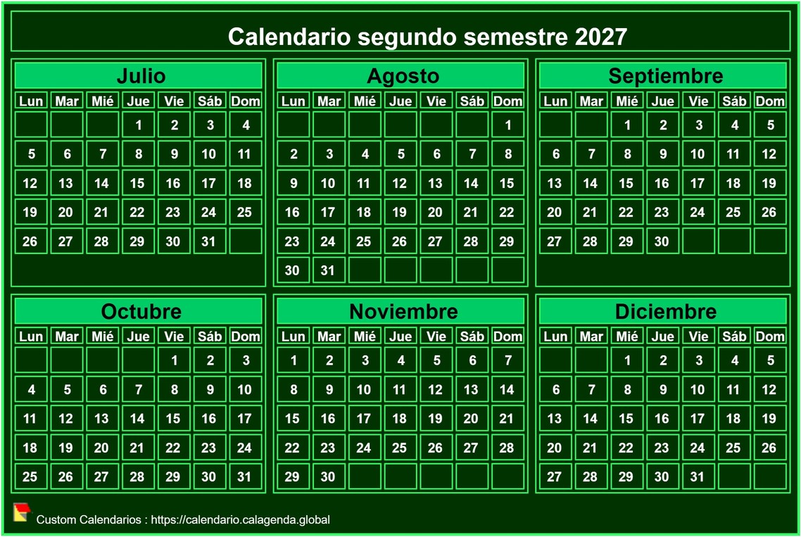 Calendario 2027 para imprimir, semestral, formato de bolsillo pequeño, fondo verde