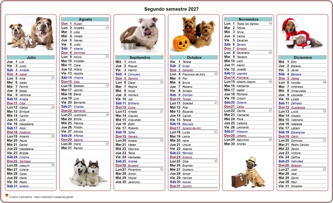 Calendario 2027 perros de medio año