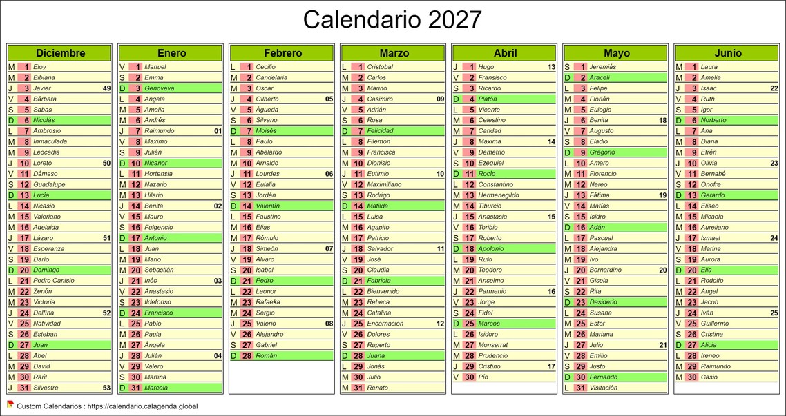 Calendario 2027 santoral semestre de siete meses